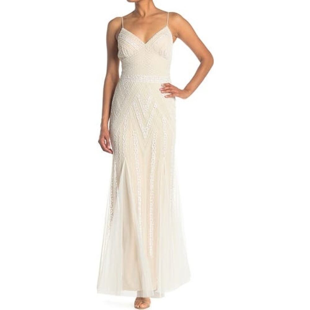 Marina Gauzy Mesh Beaded V-Neck Gown Spaghetti Straps Cream Size 12 NWOT
